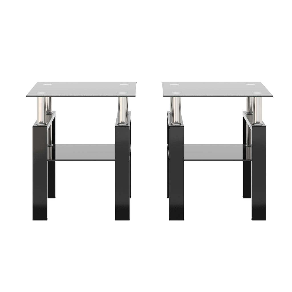 Modern Tempered Glass Tea Table Coffee Table End Table Set in Black with Metal Legs, 17.72 x 17.72 x 20.5 Inches - Grand Goldman Shop