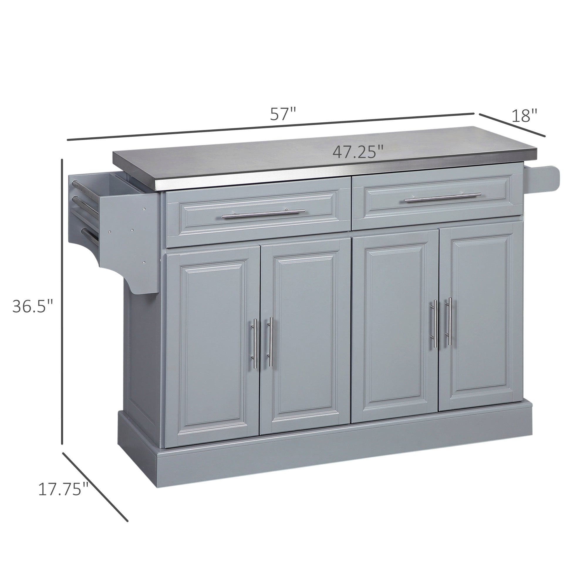 HOMCOM Rolling Kitchen Island with Stainless Steel Top and Storage, Gray, MDF, 57 x 17.75 x 36 inches - Grand Goldman Shop