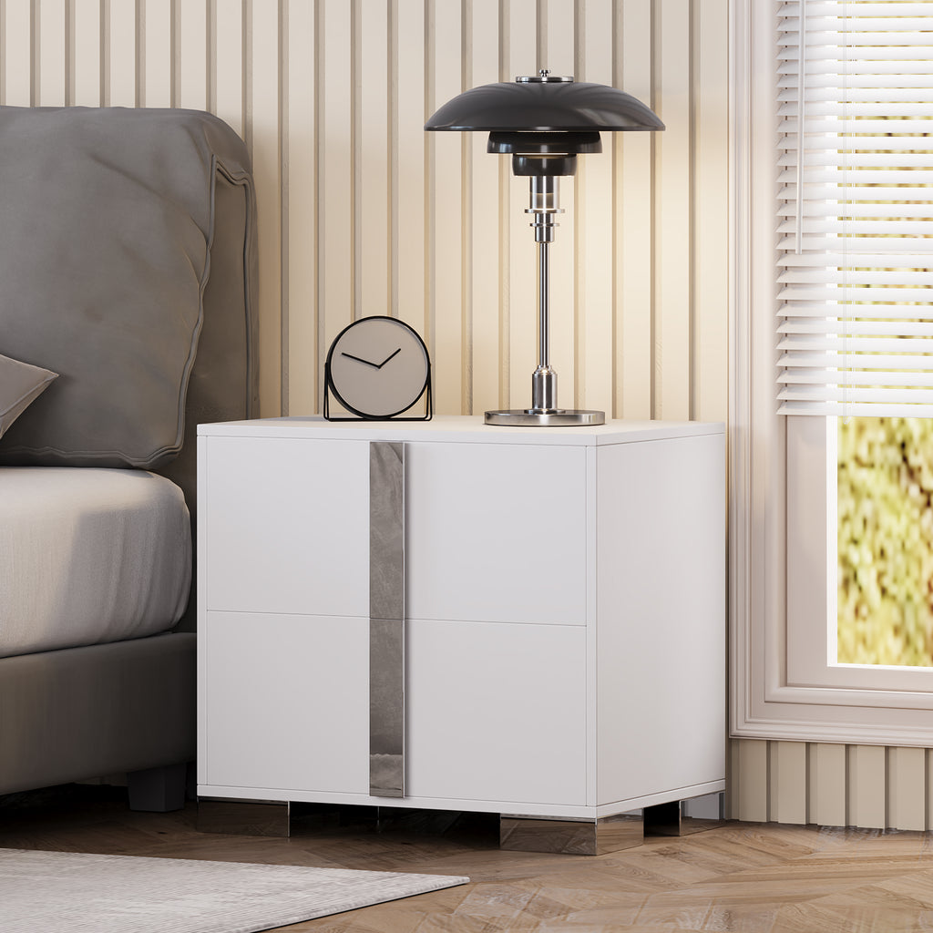 Modern End Table with Drawers, Elegant Nightstand with Metal Foot,Wood Bedside Table with Mirrored Metal Handles,Sofa Side End Table for Bedroom Living Room Office,White - Grand Goldman Shop