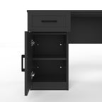 L-shaped computer desk with 2 cabinets and 2 drawers underneath the table, 11 open shelves and a flip-up shelf with storage o