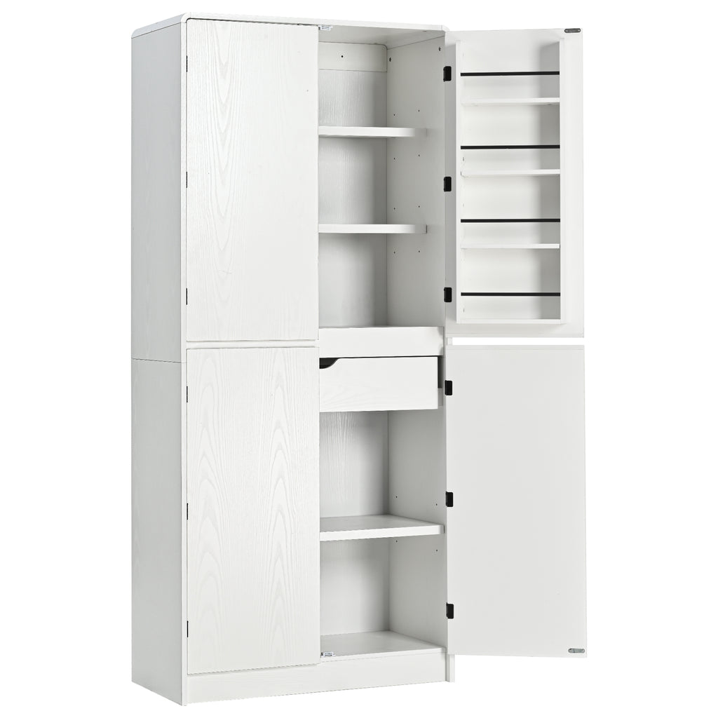 K&K 72' Tall Farmhouse Kitchen Pantry Cabinet with 8 Door Shelves, Curved Design Storage Cabinet with 3 Adjustable Shelves, Hidden Drawer, Versatile Cupboard for Kitchen, Dining & Bathroom, White - Grand Goldman Shop
