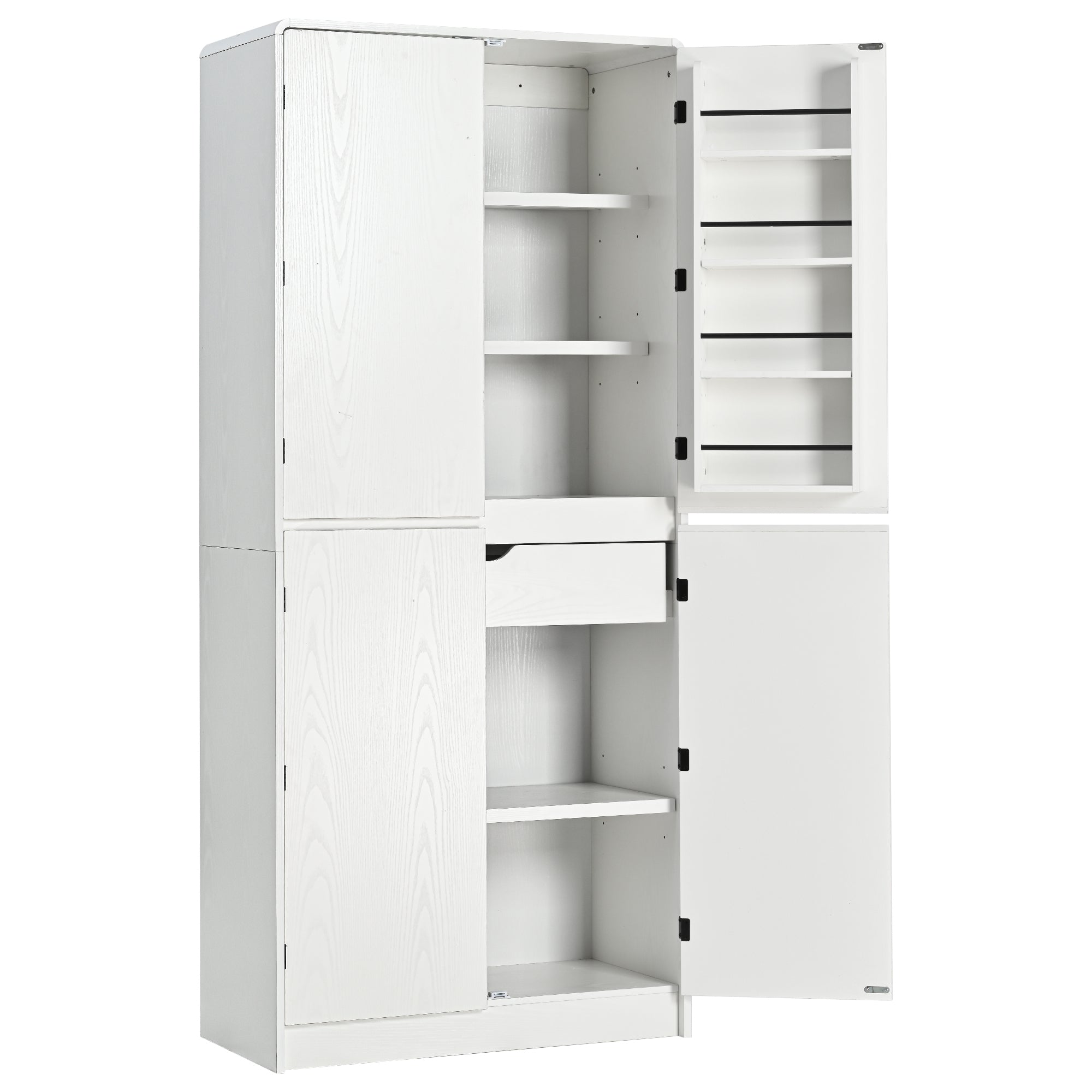 K&K 72' Tall Farmhouse Kitchen Pantry Cabinet with 8 Door Shelves, Curved Design Storage Cabinet with 3 Adjustable Shelves, Hidden Drawer, Versatile Cupboard for Kitchen, Dining & Bathroom, White - Grand Goldman Shop