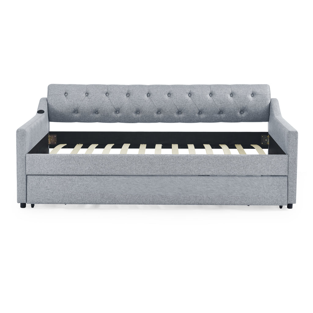 Linen Grey Mid-Century Style Twin Size Upholstered Daybed with Trundle and USB Charging Armrest - Grand Goldman Shop