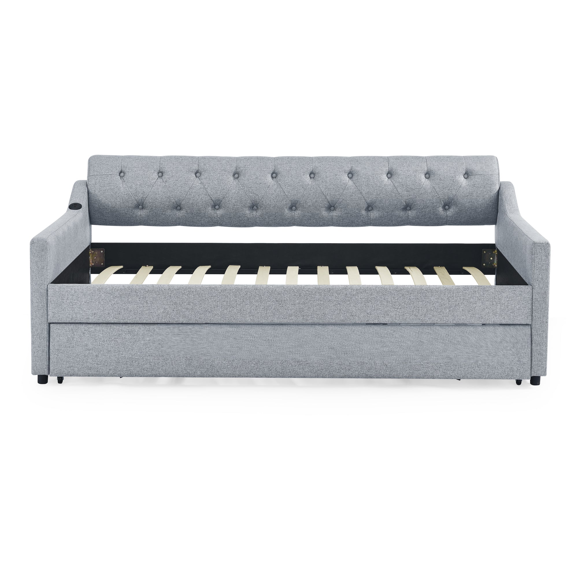 Linen Grey Mid-Century Style Twin Size Upholstered Daybed with Trundle and USB Charging Armrest - Grand Goldman Shop