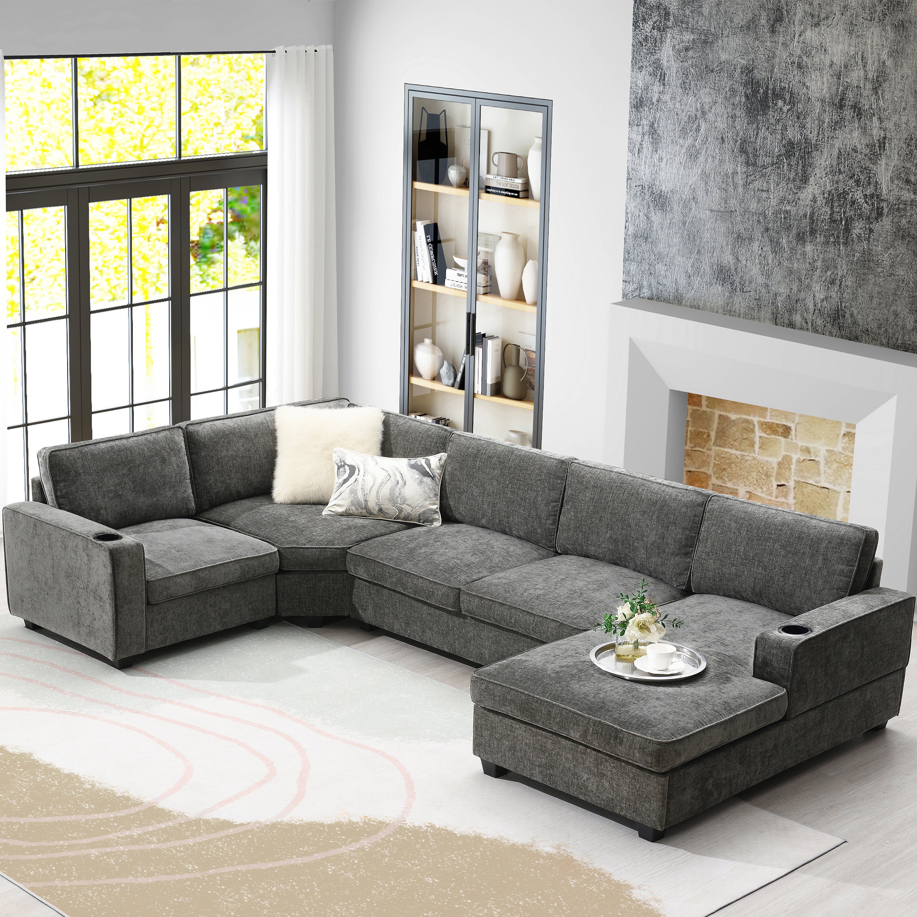 [VIDEO]119' U-Shaped Sectional Sofa, 6 Seat Chenille Corner Couch Set with Cup Holders, Oversized Chaise Lounge, Irregular Corner, Deep and Wide Seat, Comfy Sofa for Living Room&Apartment, 2 Colors - Grand Goldman Shop