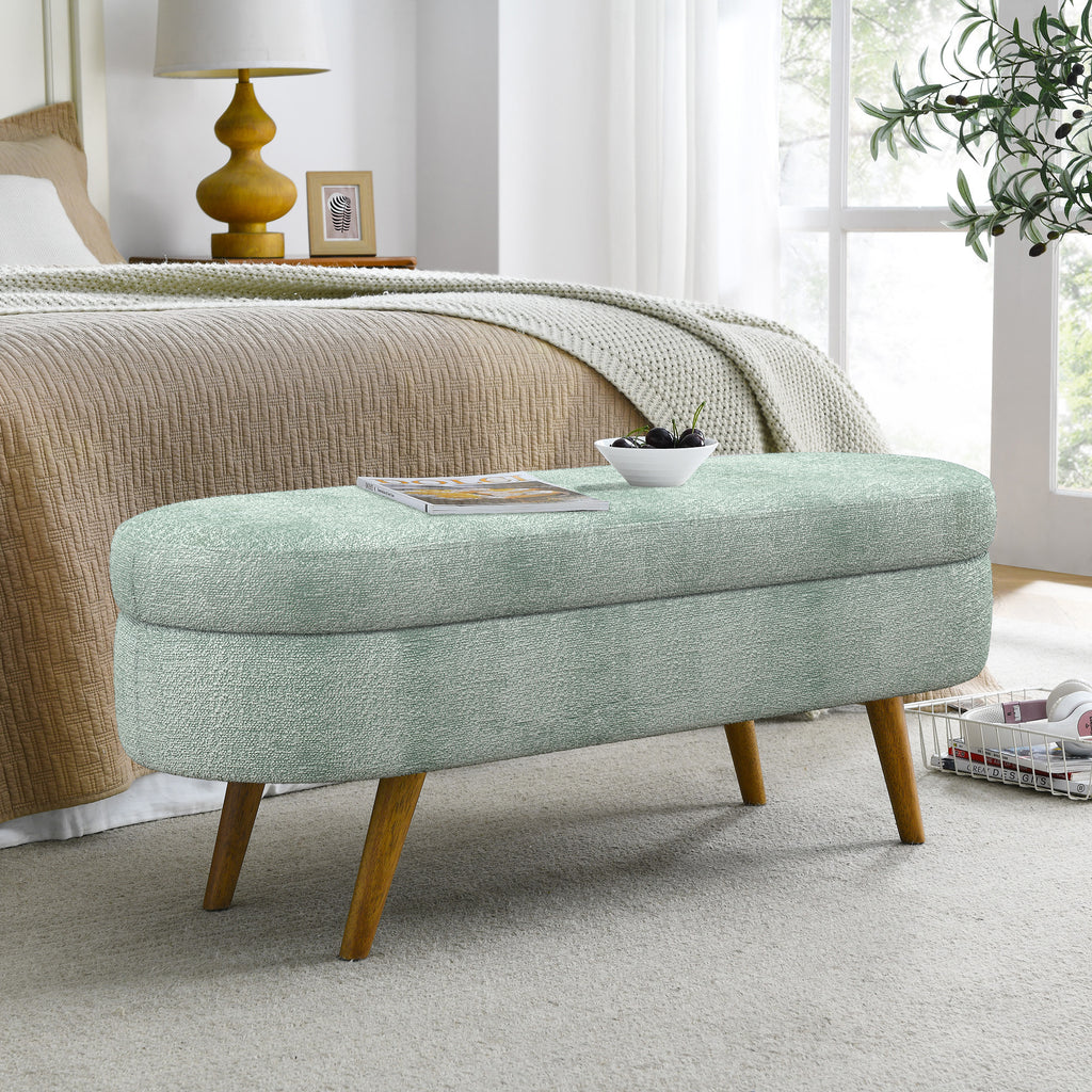 Cyan Ottoman Oval Storage Bench with Rubber Wood Legs, Gray Fabric, 43.5'x16'x16' - Grand Goldman Shop