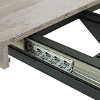 Retro Rectangular Stretch Dining Table in Grey Carole Top with Black Embossed Center Plate and Black Fine Sand Cross Iron Base, Storage Box Included, 55.11''-70.86'' Expandable - Grand Goldman Shop