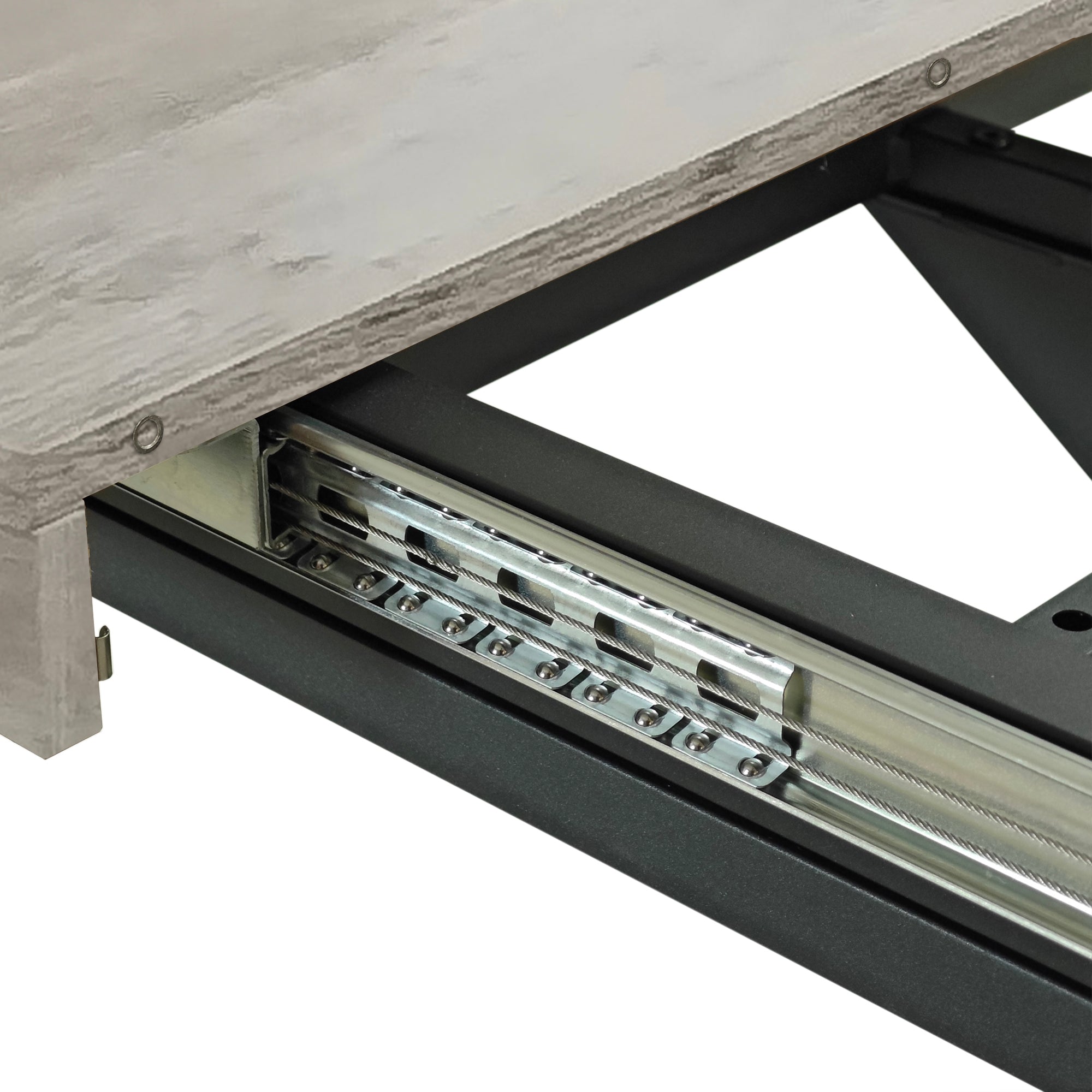 Retro Rectangular Stretch Dining Table in Grey Carole Top with Black Embossed Center Plate and Black Fine Sand Cross Iron Base, Storage Box Included, 55.11''-70.86'' Expandable - Grand Goldman Shop