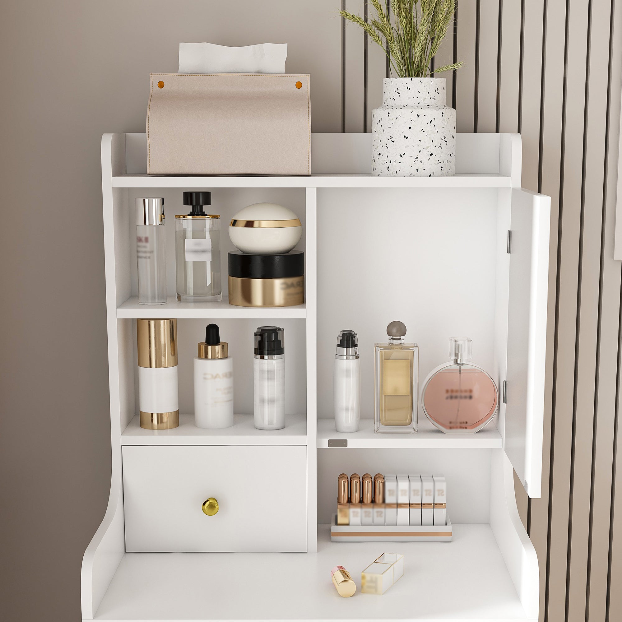 3-in-1 Dressing Table with LED Mirror & Storage Stool, Compact Makeup Vanity, White MDF, 50.39x19.69x15.75 inches - Grand Goldman Shop