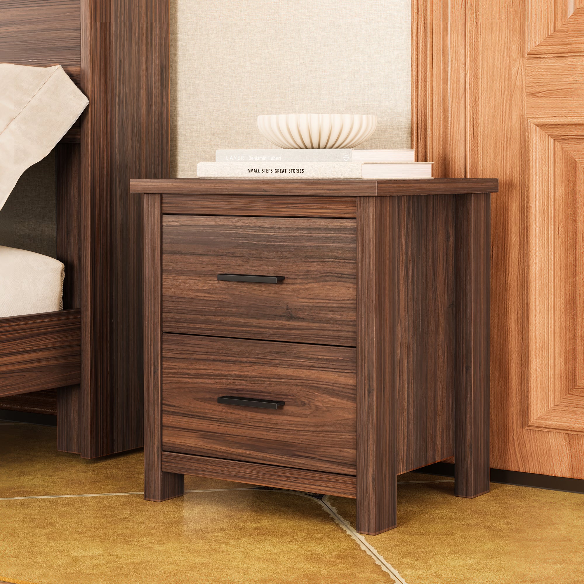 4PCS Bedroom Sets, Wooden Queen Size Bed Frame with Storage Headboard and Charging Station, 2 Nightstands with 2 Drawers, 1 Dresser with 5 Drawers, Walnut(old SKU HL000102AAD) - Grand Goldman Shop