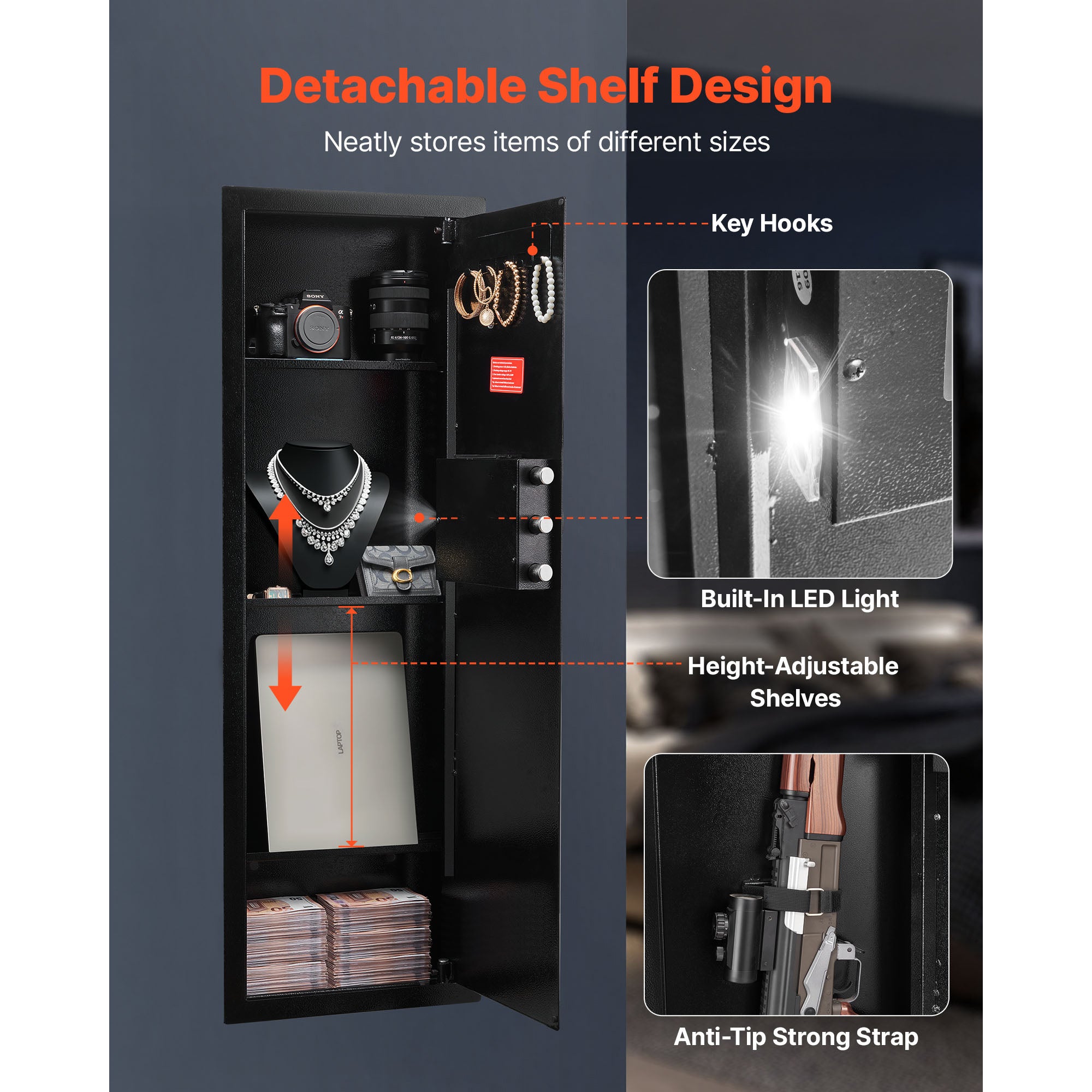 Wall Safe, 4-Tier Hidden Wall Mounted Gun Safe with Password & Key, Q235 Cold-Rolled Steel In-Wall Box with LED Lighting, 3 A