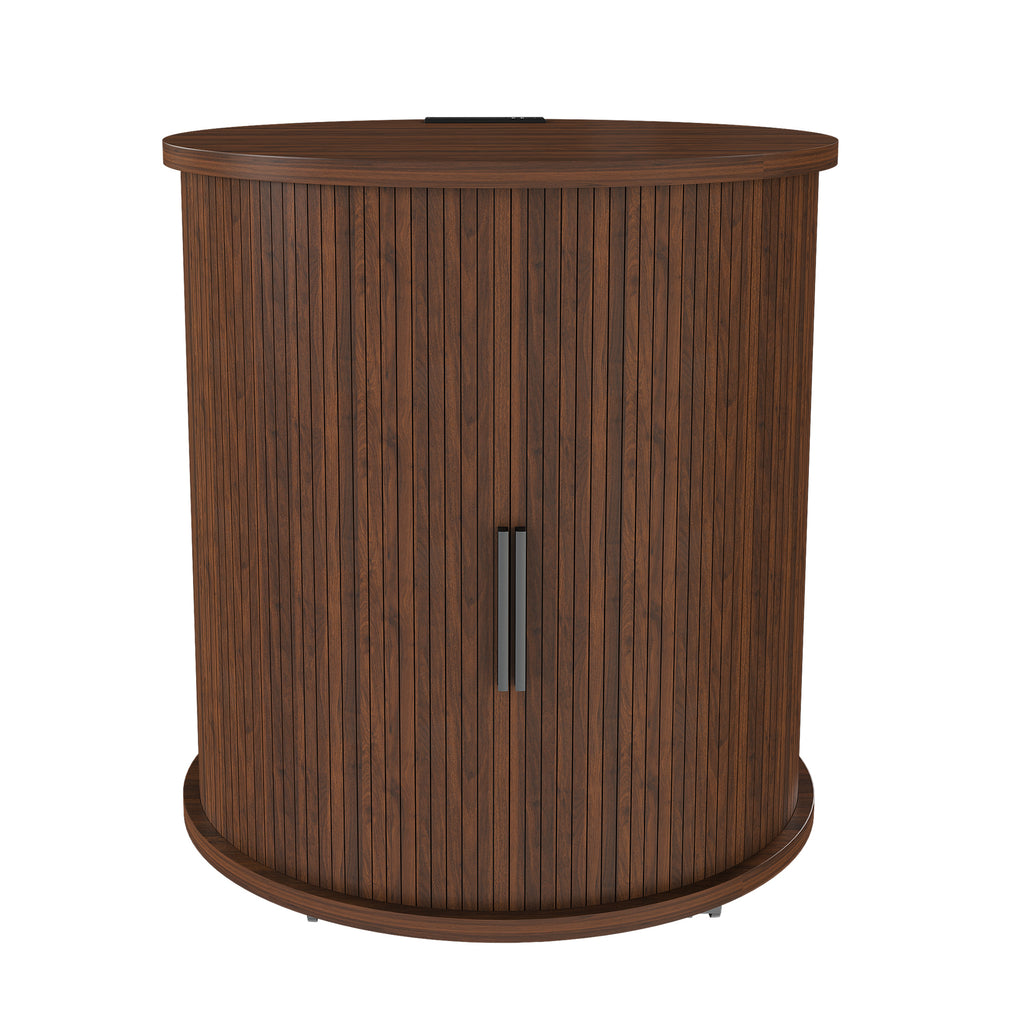 Mid Century Modern Cylinder End Table with Built-in Charging Station & Sliding Door, 2-Tier Storage Round Nightstand with USB Ports, Walnut Bedside Table for Living Room, Bedroom, Entryway - Grand Goldman Shop