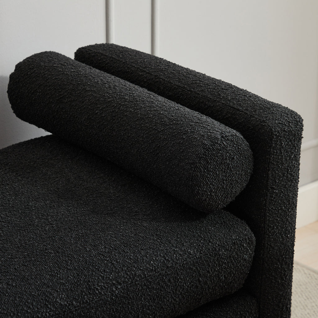 Elegant Upholstered Bench, Daybed, Ottoman with Wood Legs & 2 Bolster Pillows, Black Boucle, 66.34' - Grand Goldman Shop