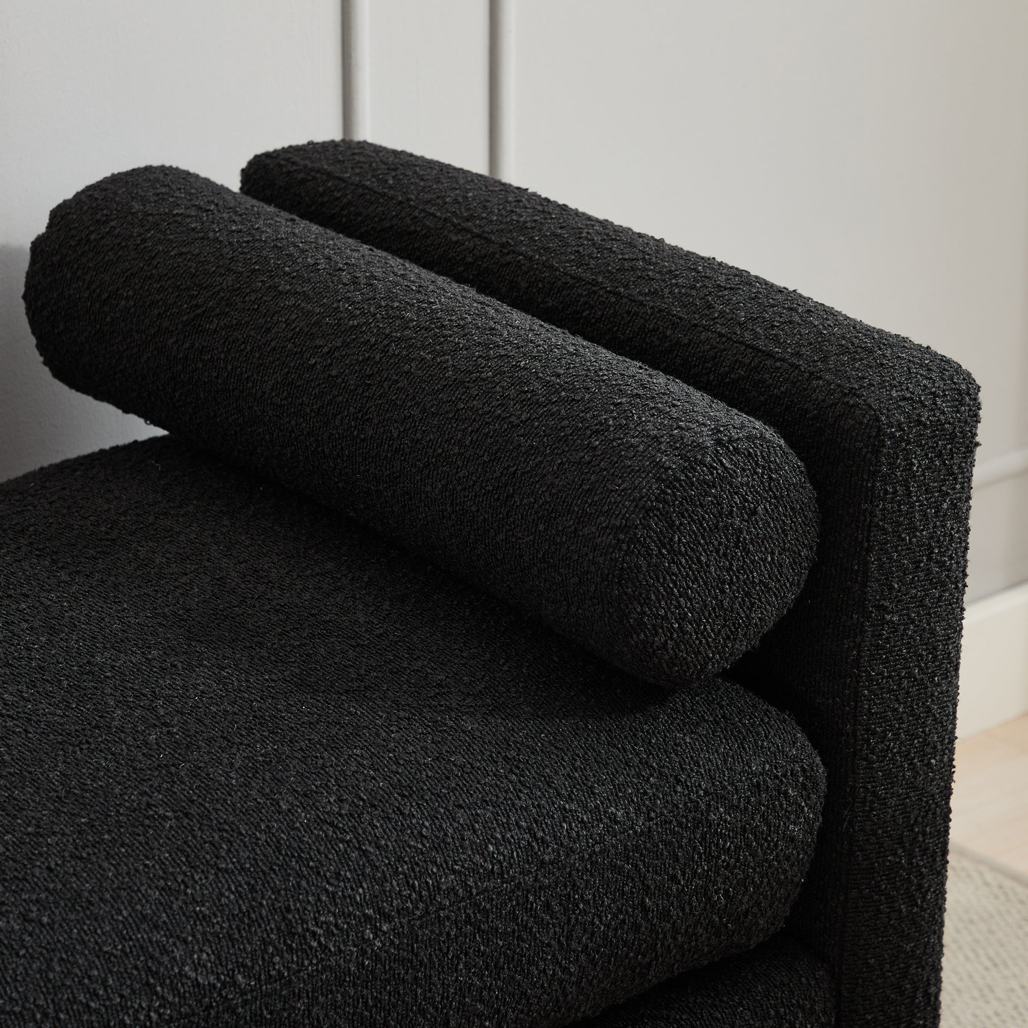 Elegant Upholstered Bench, Daybed, Ottoman with Wood Legs & 2 Bolster Pillows, Black Boucle, 66.34' - Grand Goldman Shop