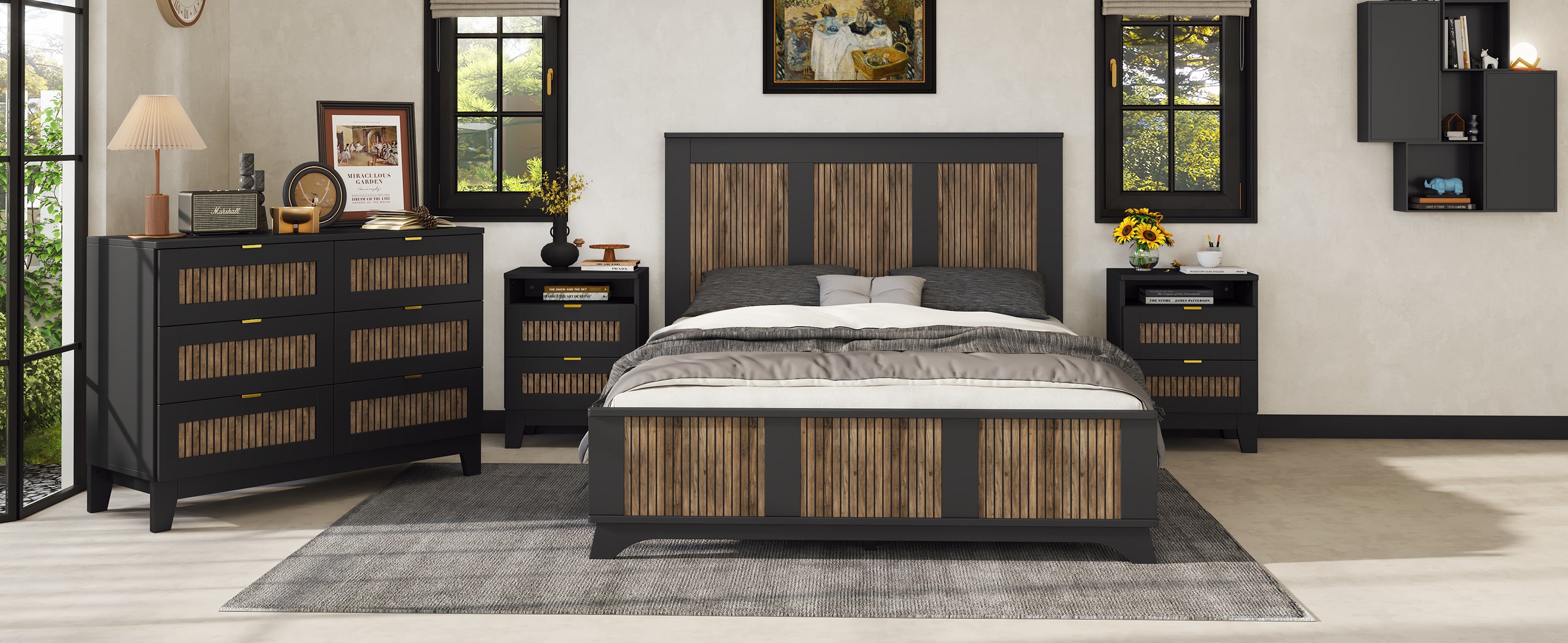 4-Pieces Bedroom Sets, Queen Size Farmhouse Platform Bed with Wooden Strip Stickers Decoration, Storage Nightstand and Dresser with Metal Handle, Black(Old SKU: HL000191AAB) - Grand Goldman Shop