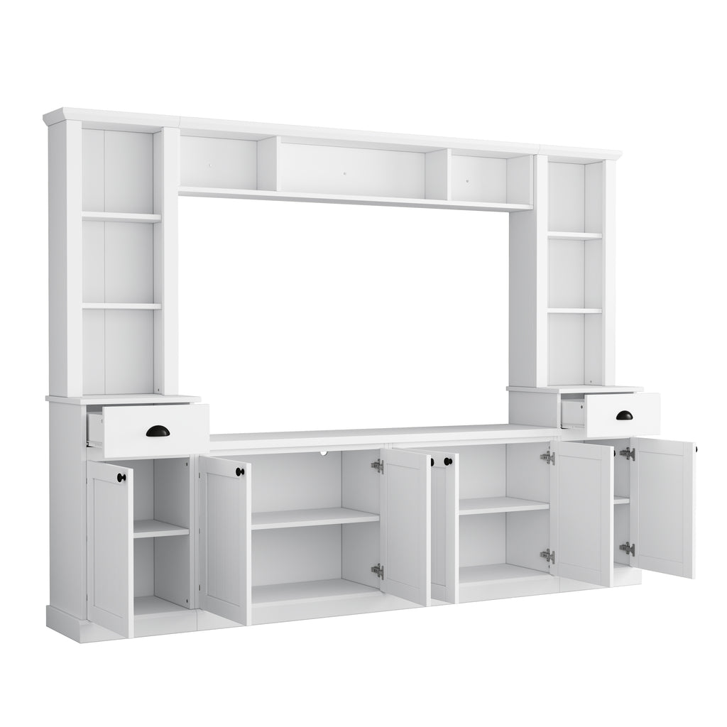 Minimalist Entertainment Wall Unit Set with Bridge for TVs Up to 75'', Ample Storage Space TV Stand with Adjustable Shelves, Modernist Large Media Console for Living Room, White - Grand Goldman Shop
