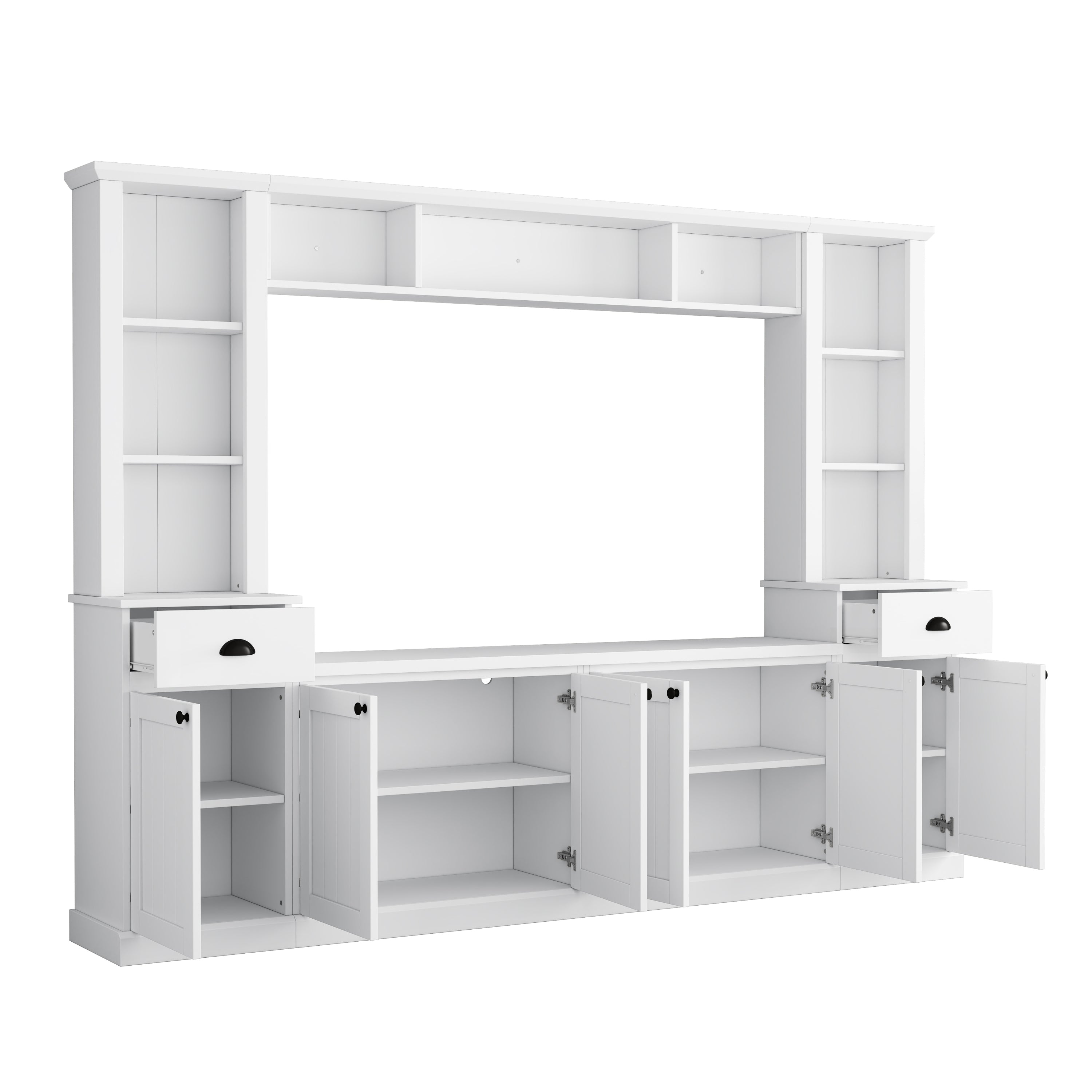 Minimalist Entertainment Wall Unit Set with Bridge for TVs Up to 75'', Ample Storage Space TV Stand with Adjustable Shelves, Modernist Large Media Console for Living Room, White - Grand Goldman Shop