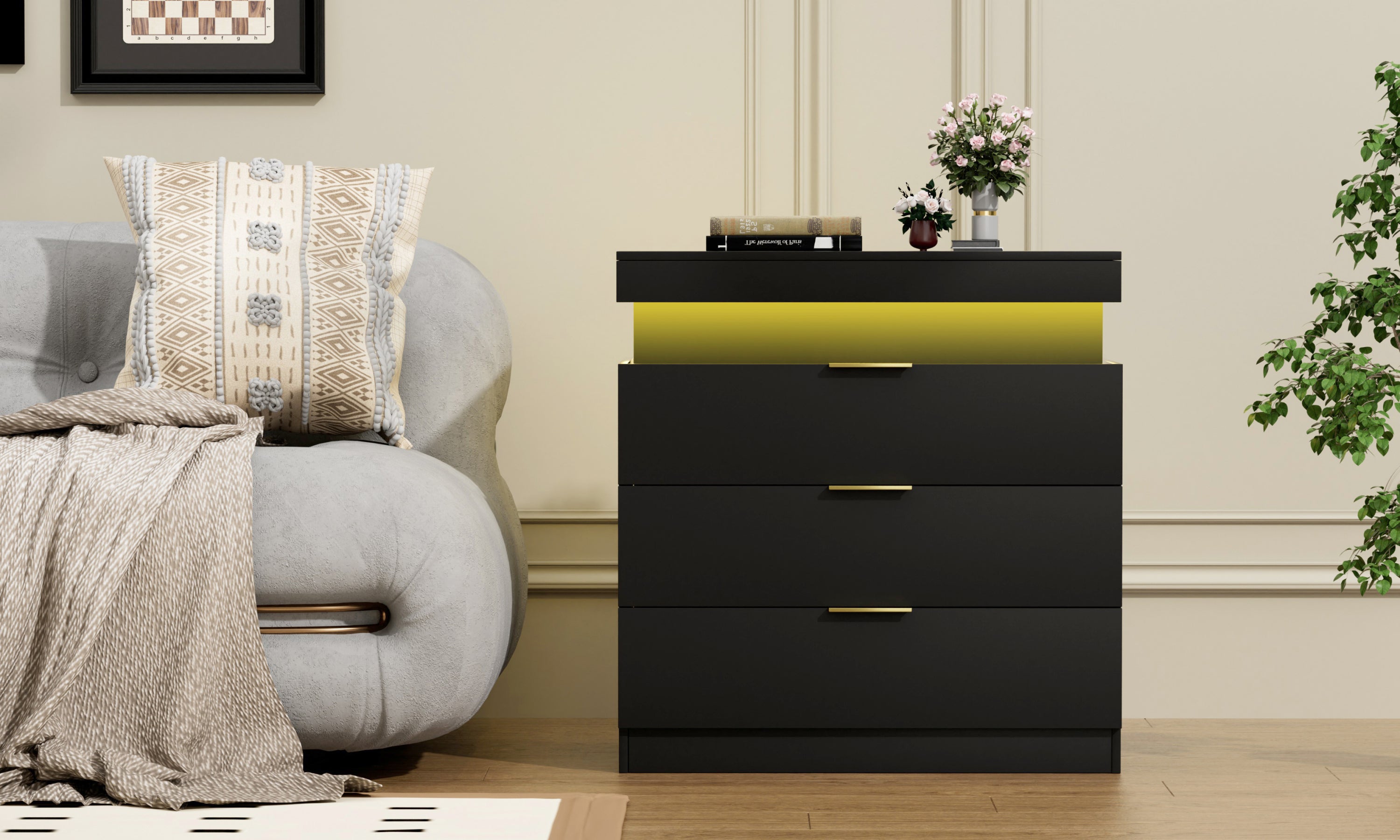 Nightstand with Charging Station and LED Lights,Night Stand with Sliding Top for Bedroom,Bedside Table with Drawers,Modern End Side Table,Black.28.8''W x 17''D x 30.5''H. - Grand Goldman Shop
