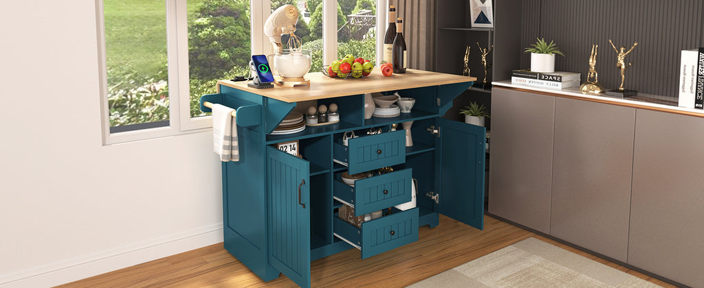K&K 55.7'' Large Kitchen Island with 2 Drop Leaf,, Rolling Kitchen Cart on 5 Wheels with Power Outlet, Folding Storage Dining Table with Spice & Towel Rack , 3 Drawers, for Kitchen, Dining Room,Green - Grand Goldman Shop