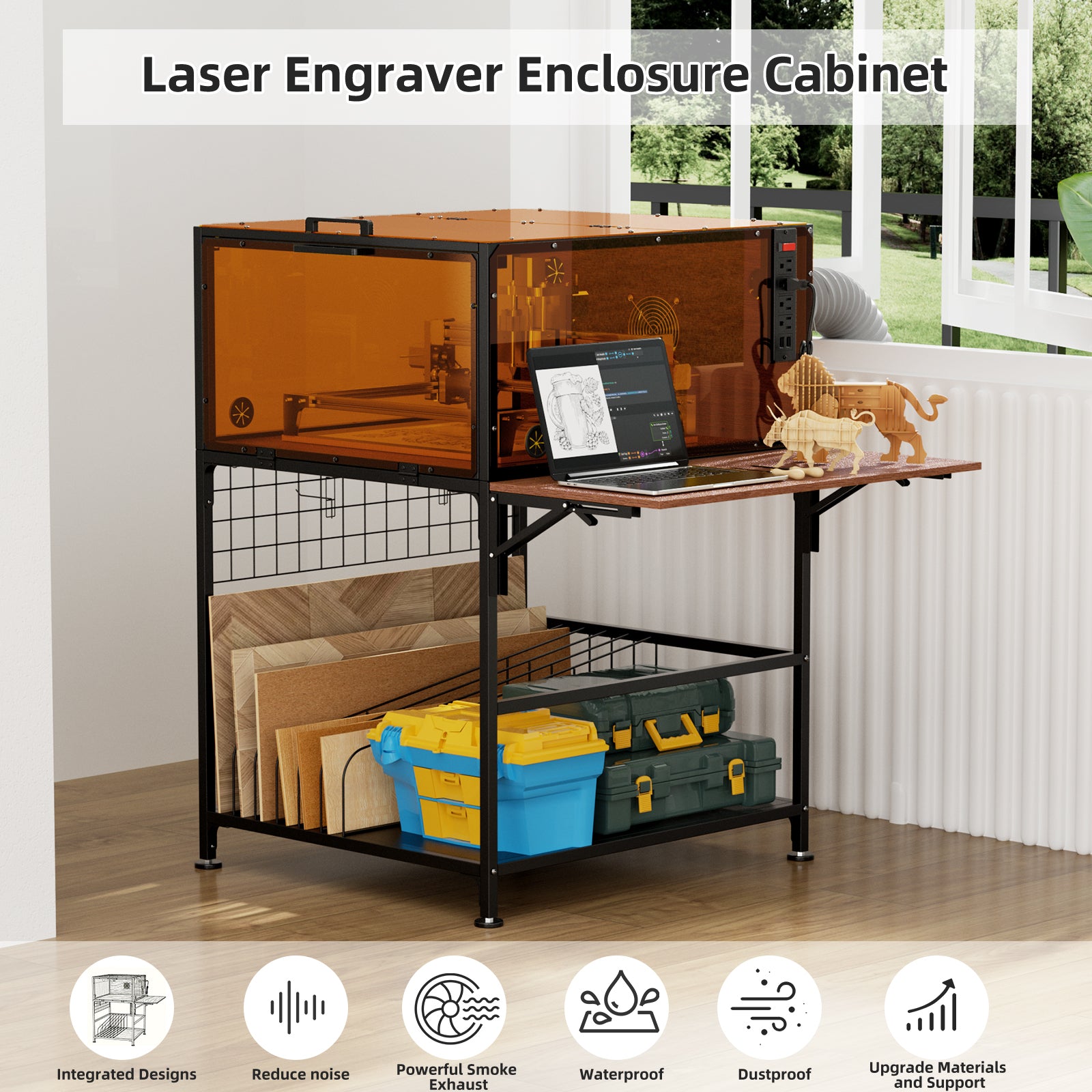 Laser Engraver Enclosure Cabinet with Exhaust Fan 6000RPM for Most Laser Cutter, Storage & Foldable Side Panel, Metal Laser E