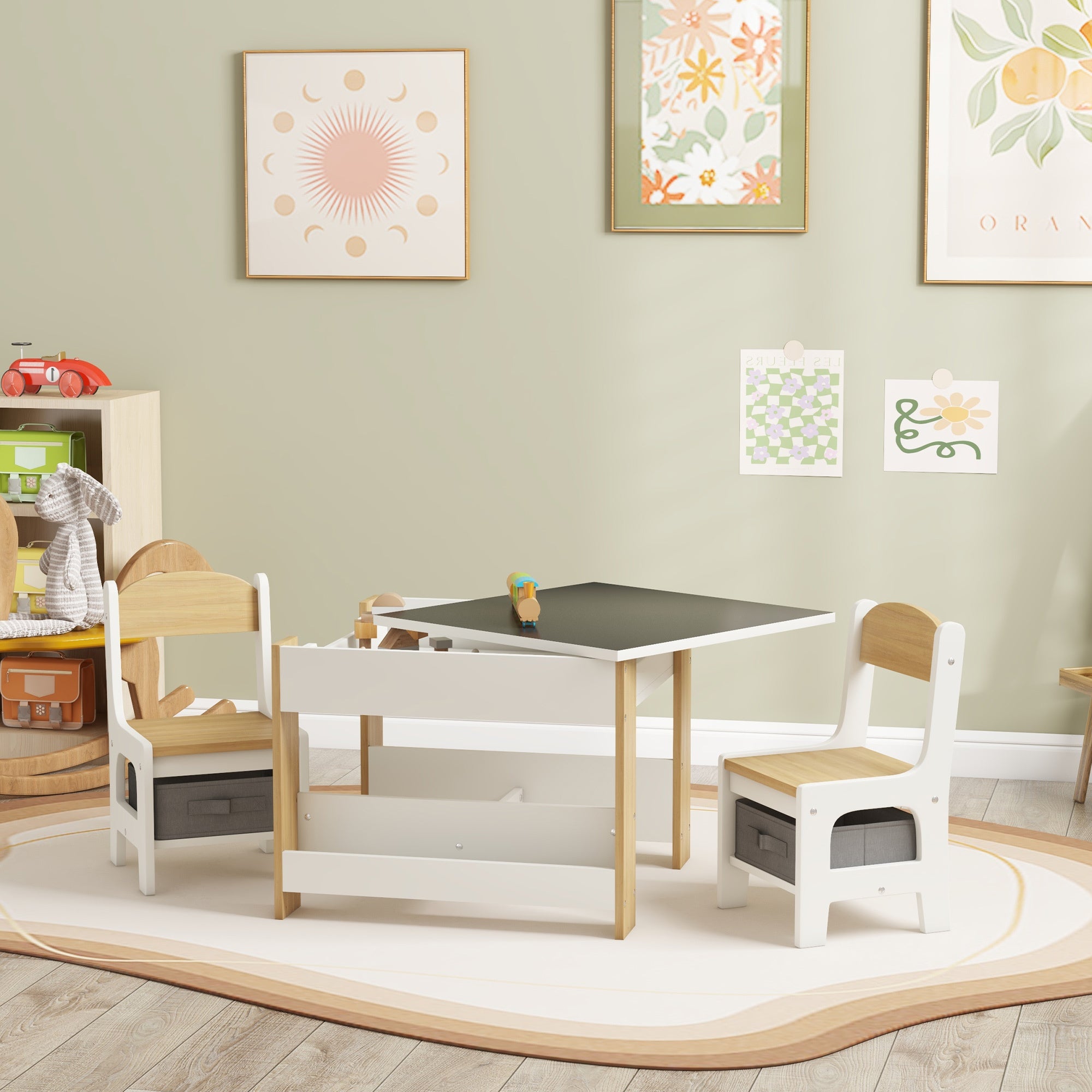 Qaba 3 Piece Kids Table and Chair Set, 2 in 1 Toddler Table and Chair Set with Reversible Tabletop Blackboard, Storage & Book