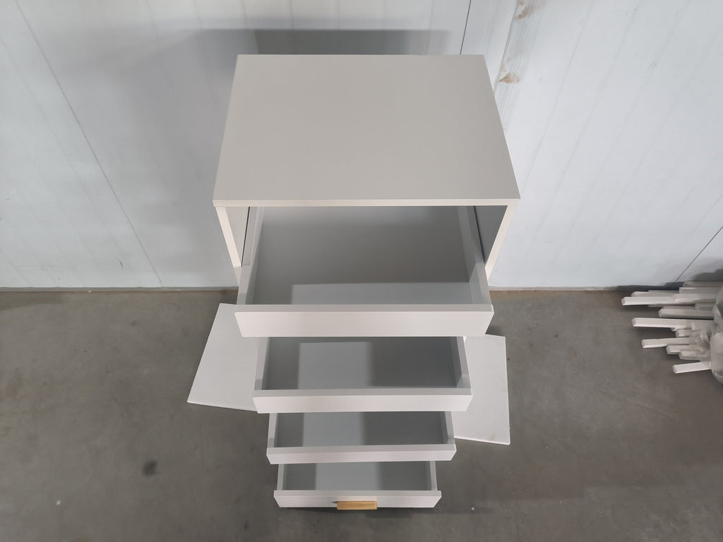 Stylish 4-Tier Freestanding Bookshelf with 3 Sliding Drawers and 1 Bottom Drawer in White, Engineered Wood - Available at Gra