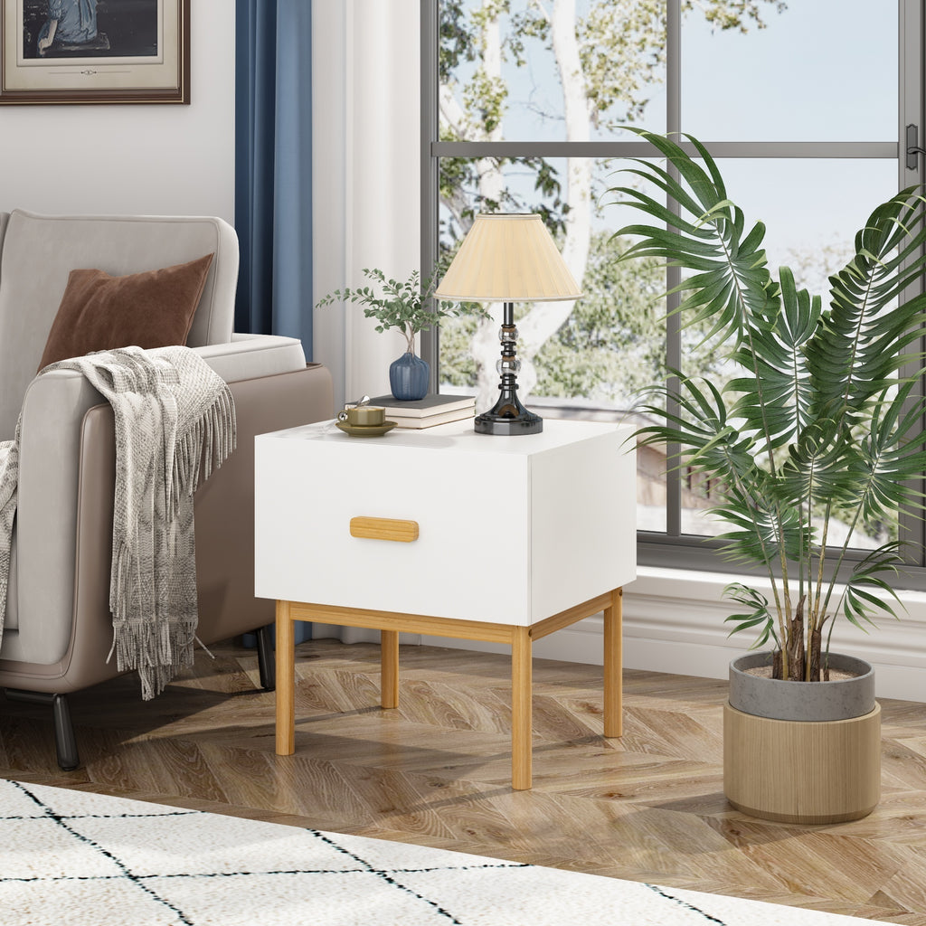 Modern White Nightstand with Drawer and Wood Legs, Minimalist Bedside Table with Handle for Bedroom, Living Room, Apartment - Grand Goldman Shop