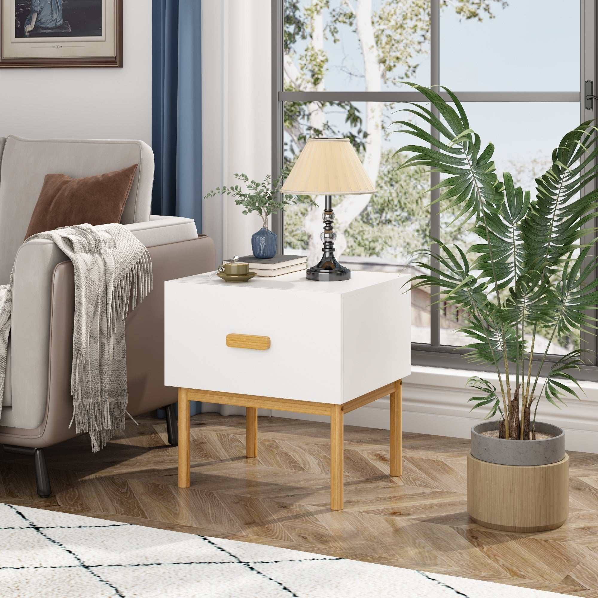 Modern White Nightstand with Drawer and Wood Legs, Minimalist Bedside Table with Handle for Bedroom, Living Room, Apartment - Grand Goldman Shop