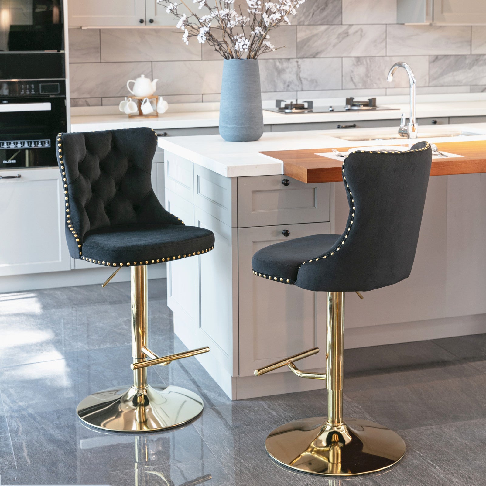 A&A Furniture,Golden Swivel Velvet Barstools Adjusatble Seat Height from 25-33 Inch, Modern Upholstered Bar Stools with Backs Comfortable Tufted for Home Pub and Kitchen Island（Black,Set of 2） - Grand Goldman Shop