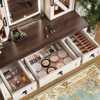 43.3' Farmhouse Makeup Vanity Desk with Lighted Mirror, Vanity Table Set with Charging Station, Dressing Table with Sliding Barn Door Hidden Shelves & 3 Drawers & 4 Cabinets, Beige - Grand Goldman Shop