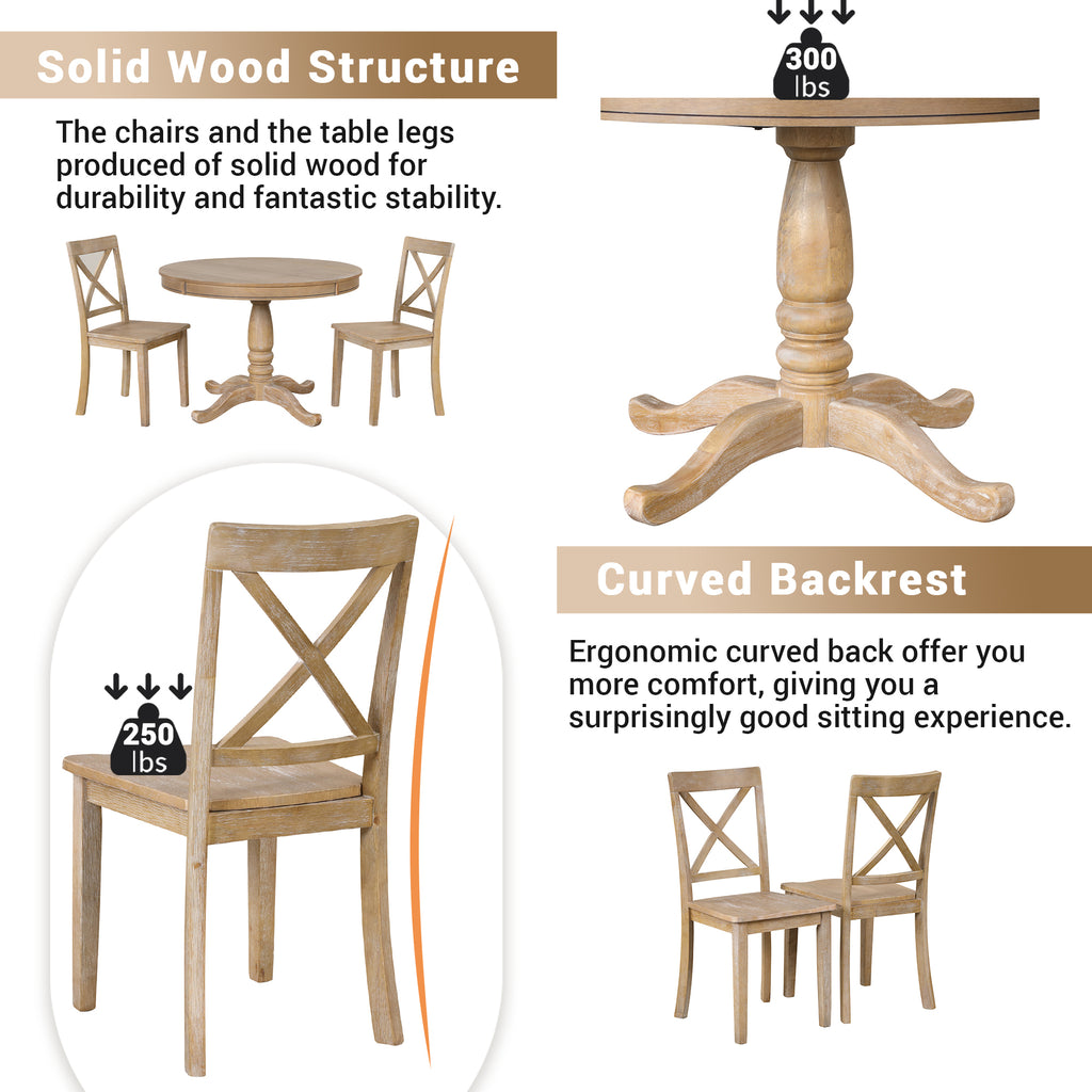 Modern Natural Wood Wash Dining Table Set for 4 with Round Table and Chairs, Solid Wood and MDF - Grand Goldman Shop