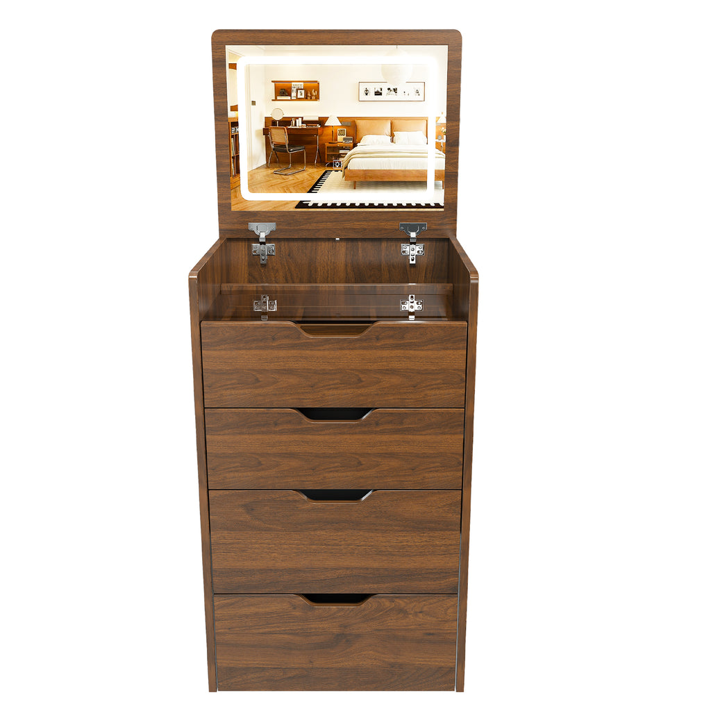 3-in-1 Vanity Desk with Lighted Mirror & Stool, Flip Top Makeup Dressing Table in Walnut Finish, Compact Storage for Bedroom or Bathroom - Grand Goldman Shop