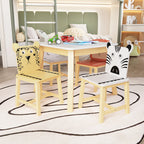 Kids Wood Table and Chair Set with Cartoon Animals Design, White Solid Wood & MDF Furniture for Ages 3-8, 5-Piece Table and C