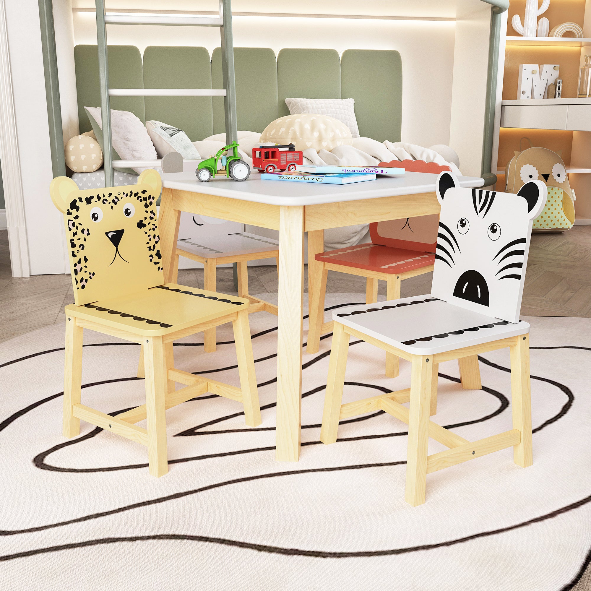 Kids Wood Table and Chair Set with Cartoon Animals Design, White Solid Wood & MDF Furniture for Ages 3-8, 5-Piece Table and C