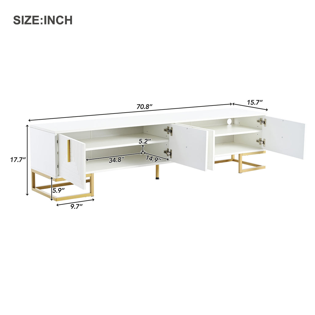 ON-TREND Modern TV Stand with Metal Legs and Gold Handles for TVs Up to 80'', Media Console Table with Cabinets and Adjustable Shelves, Luxury TV Cabinet with Geometric Lines for Living Room, White - Grand Goldman Shop