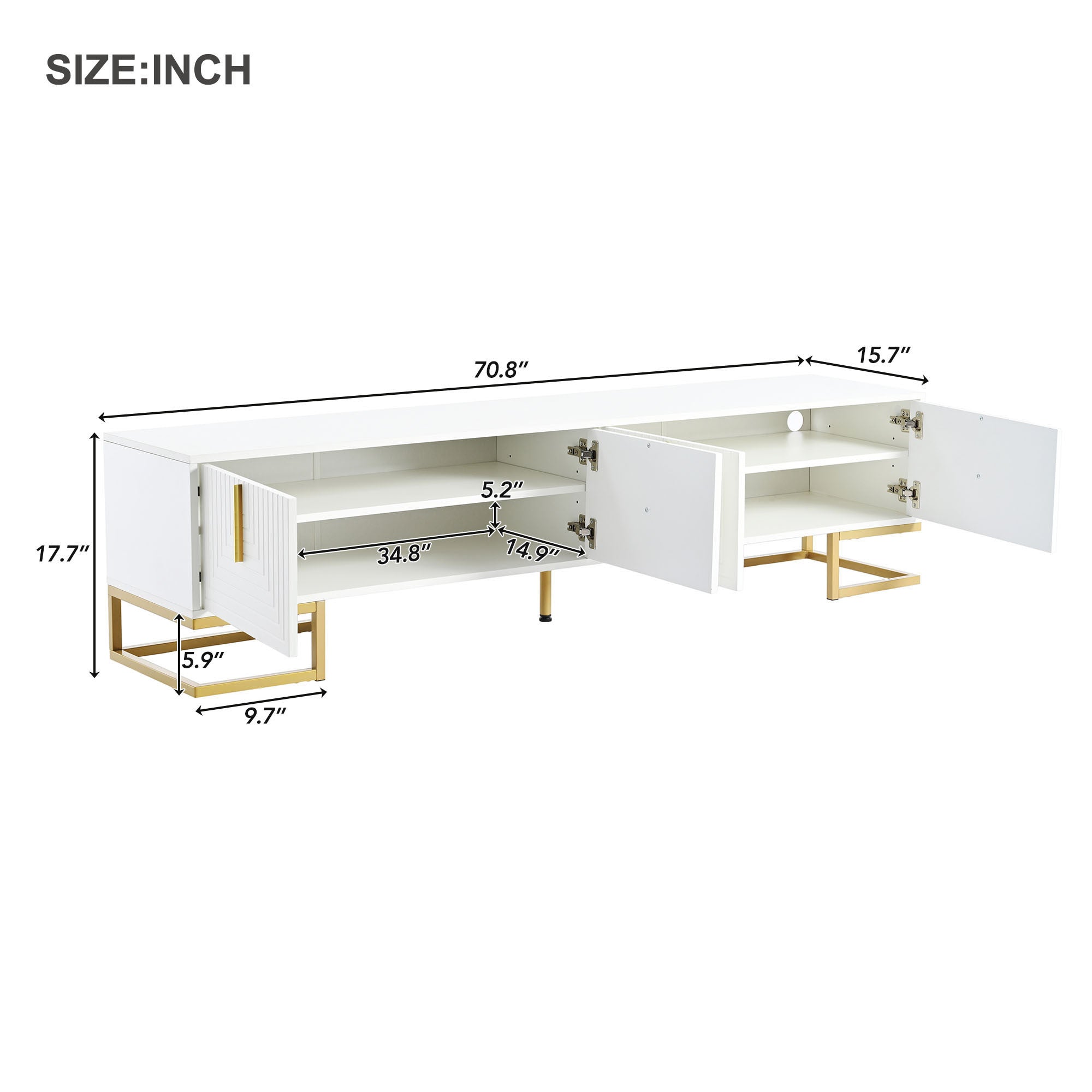 ON-TREND Modern TV Stand with Metal Legs and Gold Handles for TVs Up to 80'', Media Console Table with Cabinets and Adjustable Shelves, Luxury TV Cabinet with Geometric Lines for Living Room, White - Grand Goldman Shop