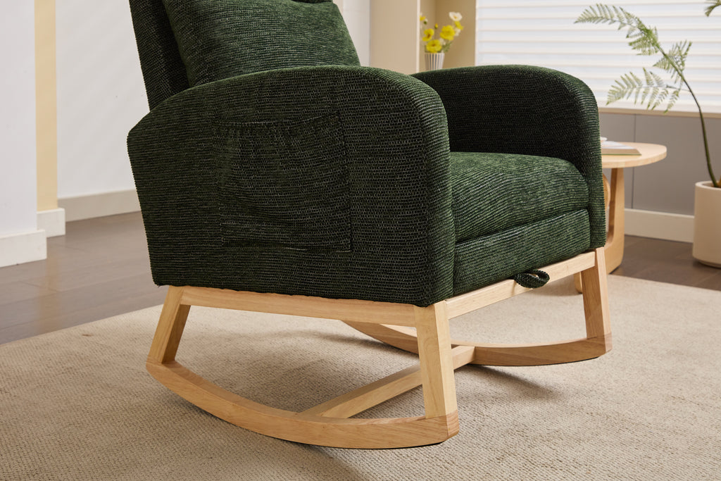 Modern Accent Rocking Chair Rocking Chair with Solid Wood Legs, Upholstered Nursery Glider Rocker, Comfy Armchair with Side Pocket, Living Room Lounge Arm Chair with High Backrest fabric - Grand Goldman Shop
