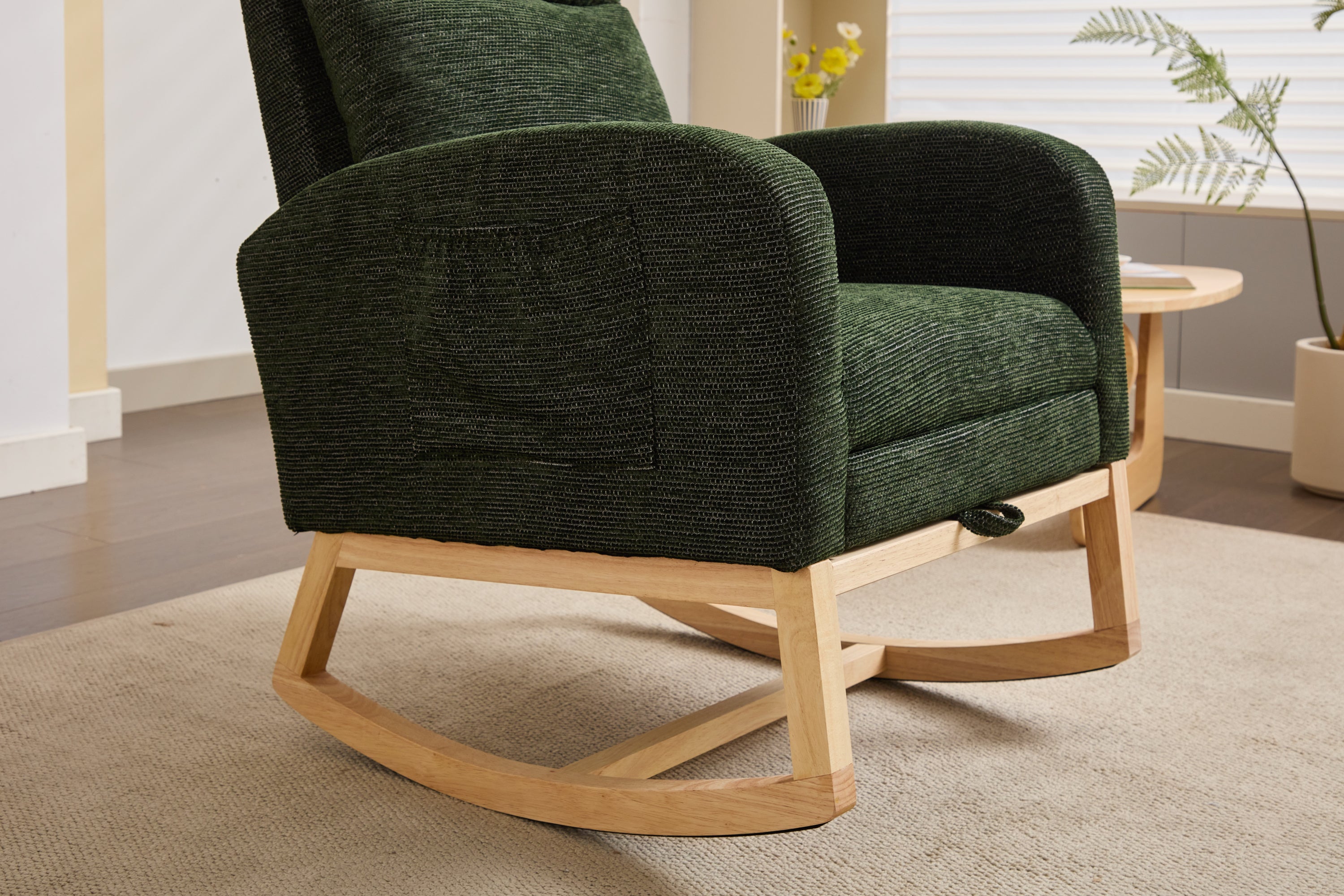 Modern Accent Rocking Chair Rocking Chair with Solid Wood Legs, Upholstered Nursery Glider Rocker, Comfy Armchair with Side Pocket, Living Room Lounge Arm Chair with High Backrest fabric - Grand Goldman Shop