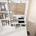 White Vanity Table with Mirror, Adjustable LED Lights, Power Outlet, Hairdryer Holder & Stool – Compact Dressing Desk for Small Bedrooms - Grand Goldman Shop
