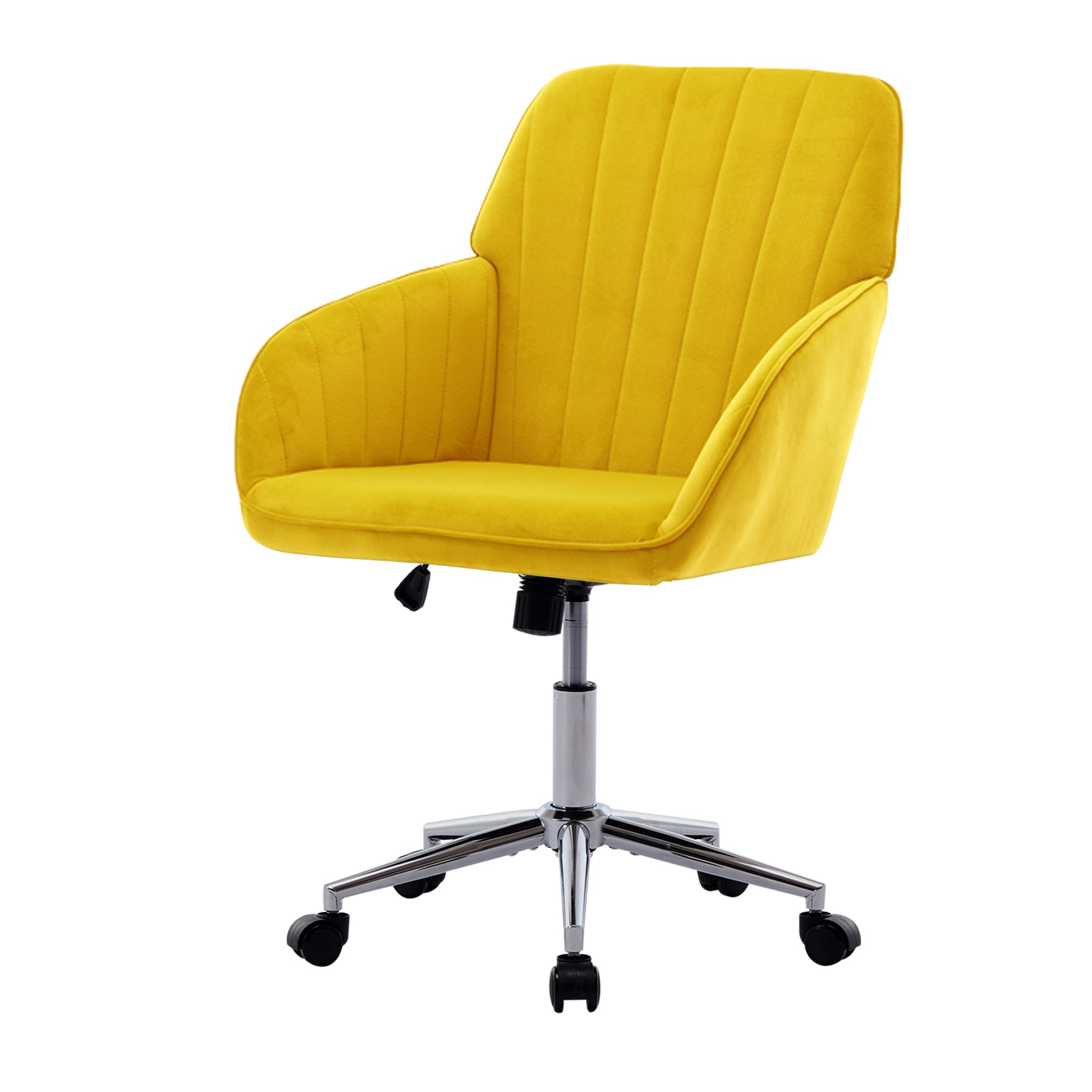 TY Modern Office Chair with Gold Base, Bright Yellow Velvet Upholstery, Wide Backrest and Adjustable Height for Home or Offic