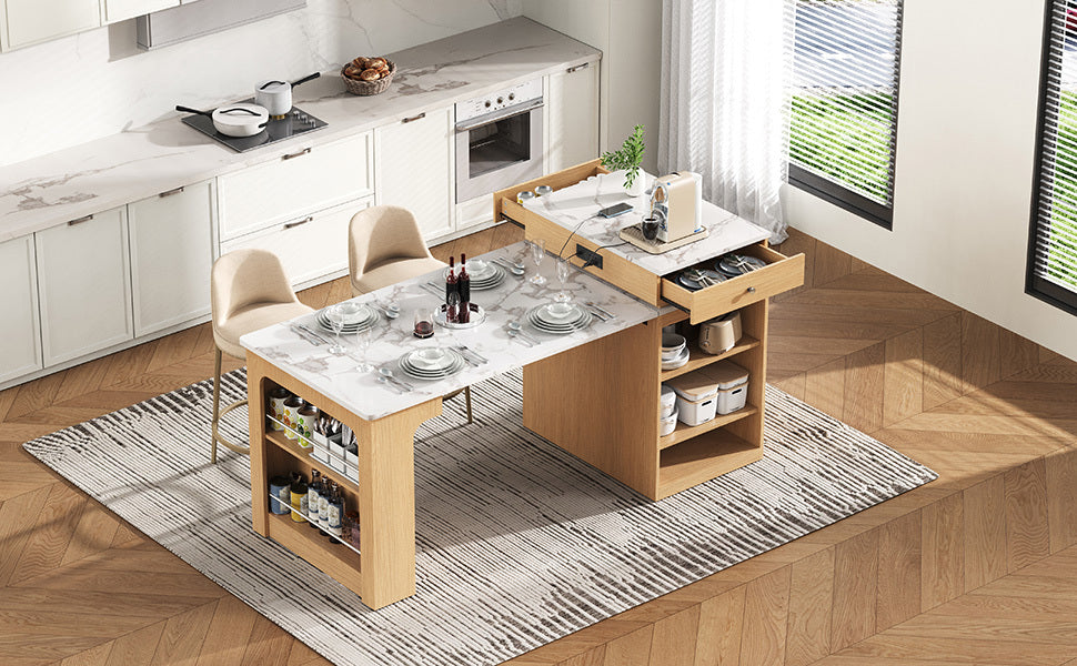 K&K 59.5'Kitchen Island with Extendable Dining Table, Kitchen Storage Table with Double-sided Storage, Kitchen Island with 2 Drawers, Power Outlet, Side Open Shelves, for Kitchen, Dining Room, Natural - Grand Goldman Shop