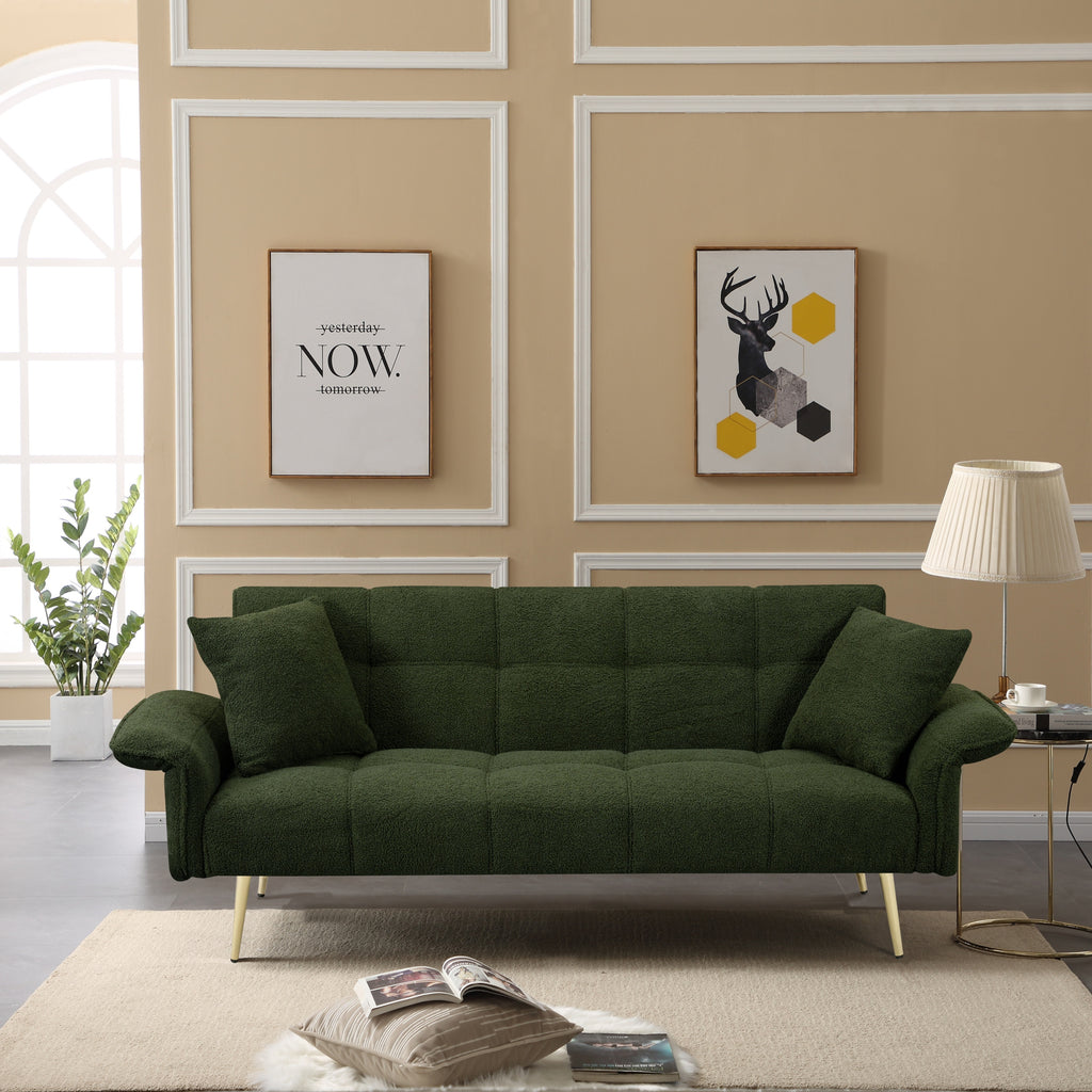 Green Teddy Velvet Futon Sofa Bed with Folding Armrests, Convertible Double Sofa Bed for Small Living Rooms and Studios - Grand Goldman Shop
