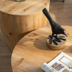 Vintage Style Barrel Coffee Table with Storage in Natural Finish, Solid Wood and MDF, 31.50' Diameter for Living Room, Dining Room, Office - Grand Goldman Shop