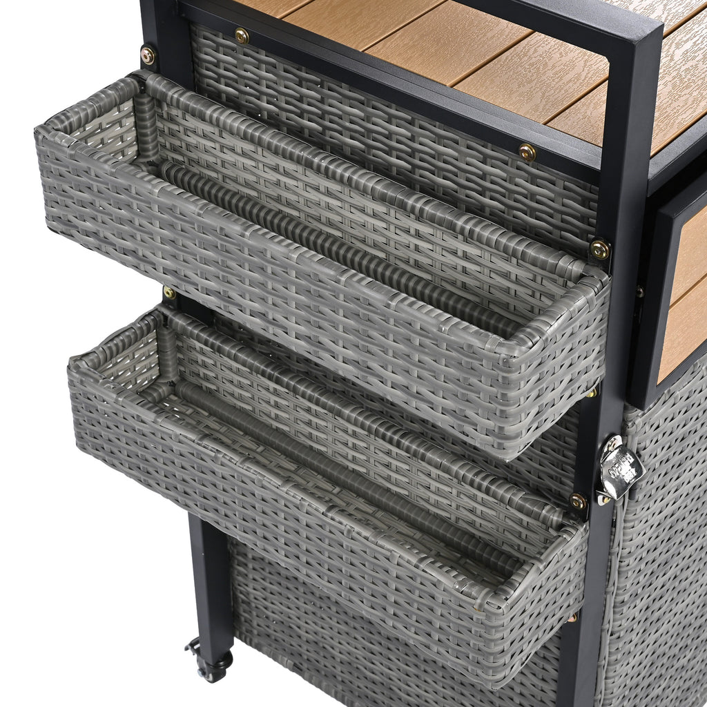 K&K 52.8'W Wicker Outdoor Grill Cart with Extended Plastic Wood Table Top, Rolling Kitchen Island on Wheels with Storage Cabinet, for Patio Backyard Garden Poolside, Double Handle Design, Grey - Grand Goldman Shop