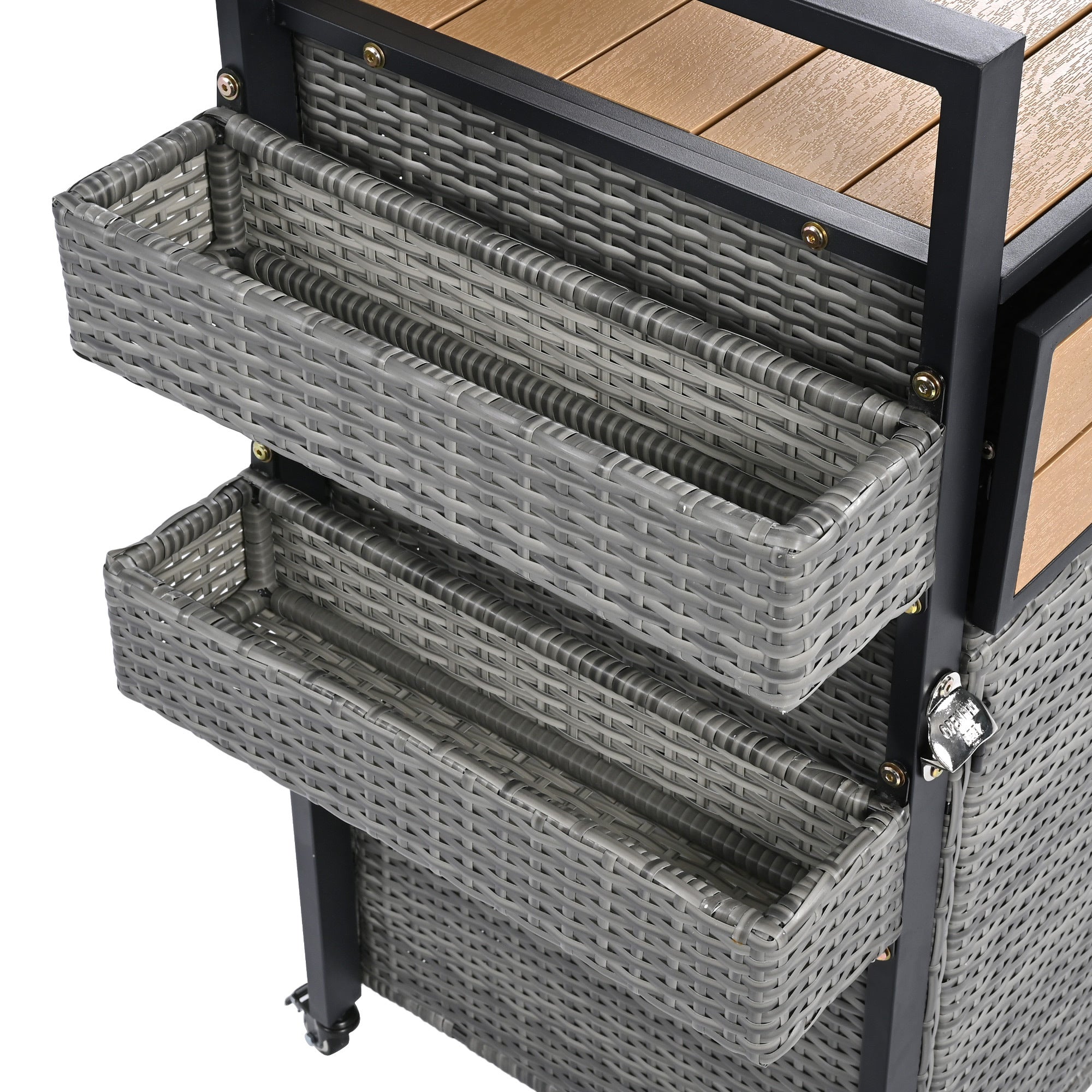 K&K 52.8'W Wicker Outdoor Grill Cart with Extended Plastic Wood Table Top, Rolling Kitchen Island on Wheels with Storage Cabinet, for Patio Backyard Garden Poolside, Double Handle Design, Grey - Grand Goldman Shop