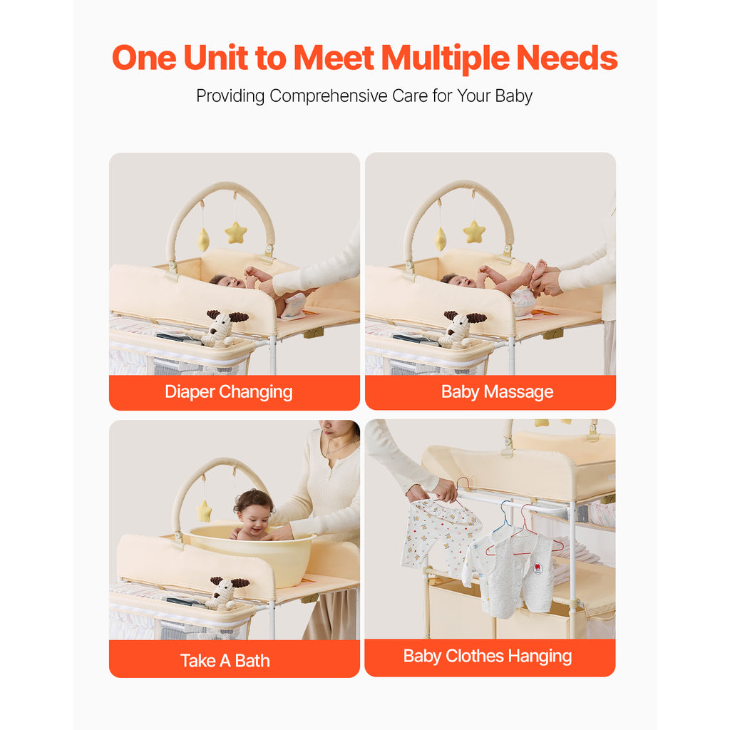 Baby Changing Table, Foldable Diaper Change Station with 2 Fabric Drawers, Side Basket & Hanging Rod, Adjustable Height Porta