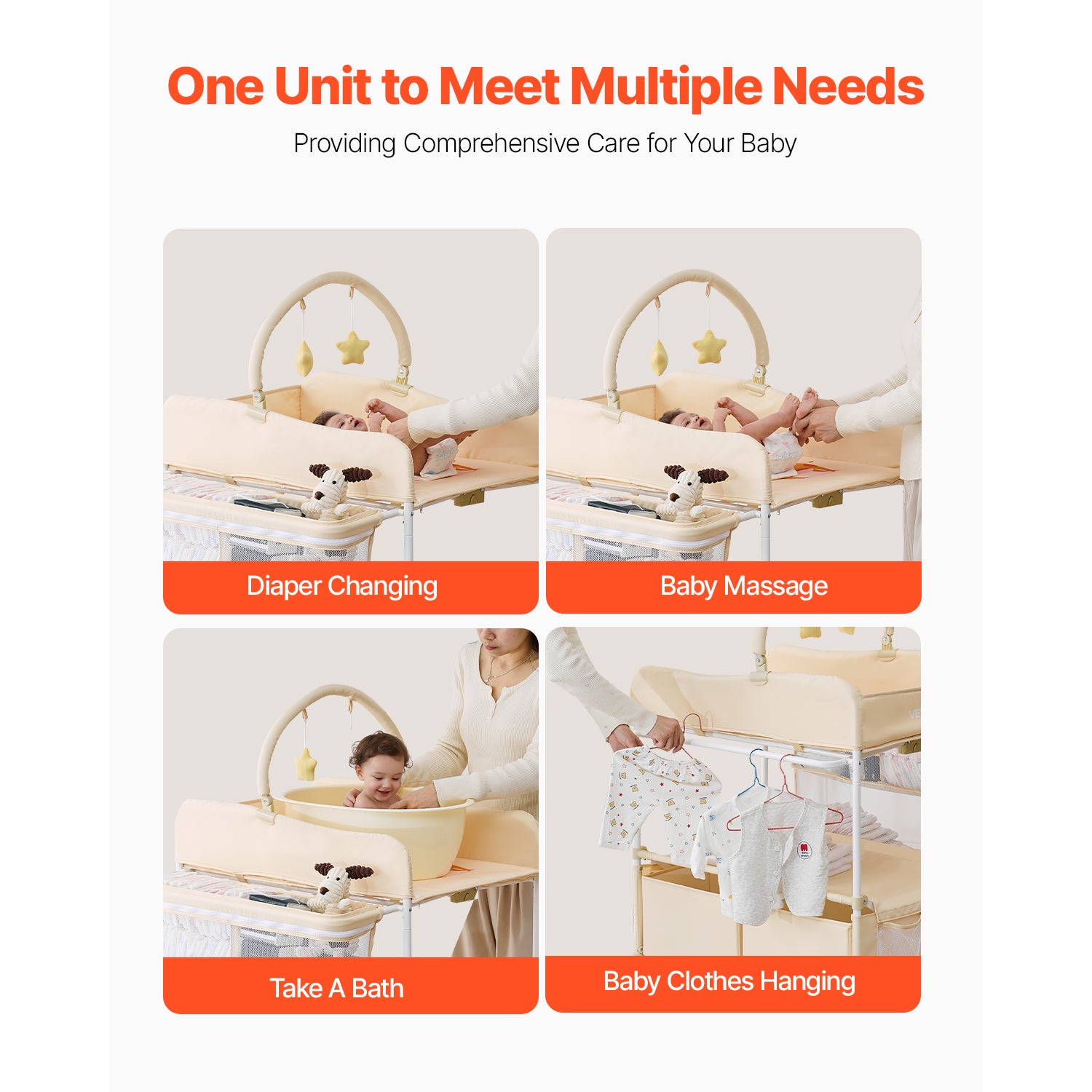 Baby Changing Table, Foldable Diaper Change Station with 2 Fabric Drawers, Side Basket & Hanging Rod, Adjustable Height Porta