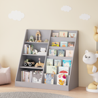 Kids Bookshelf and Toy Storage Organizer, 4-Tier Wooden Bookcase with Display Stand in Gray MDF for Nursery, Playroom, or Chi