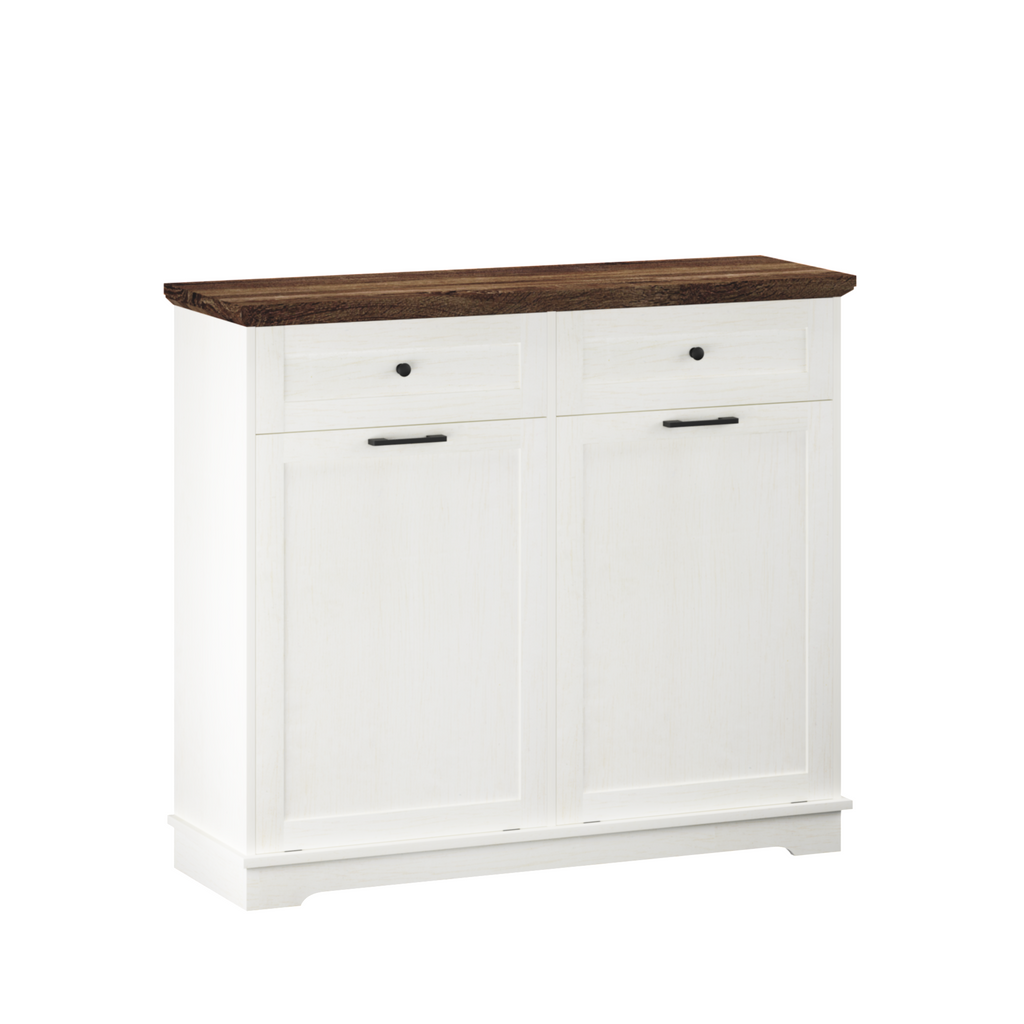 20 Gallon Tilt Out Trash Cabinet Freestanding Trash Bin Cabinet Wood Garbage Recycling Cabinet with Drawer Pet Proof Trash Can Holder for Kitchen Living Room, Antique White (Not include trash can) - Grand Goldman Shop