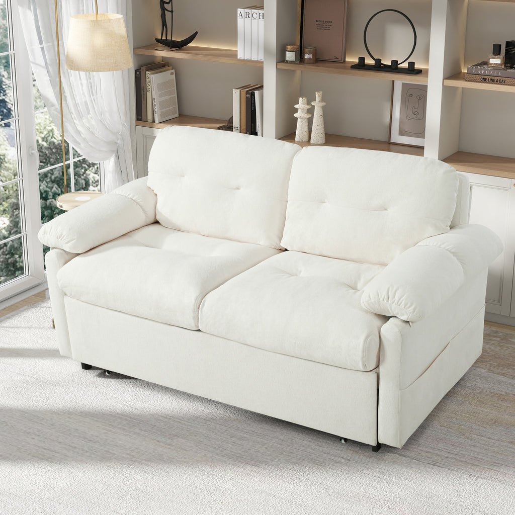 Convertible Pull-Out Queen Sleeper Sofa, 3-in-1 Loveseat with Side Storage & 8 Silent Casters, Beige Chenille Fabric, Fits Living Room, Bedroom, Apartment - Grand Goldman Shop